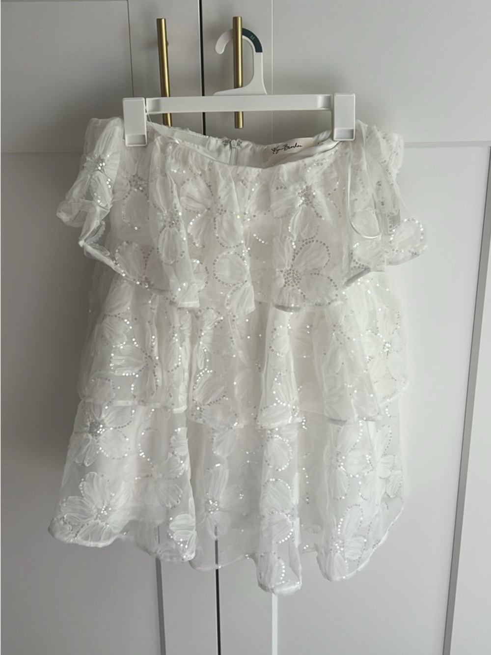 White Off-Shoulder Mini Dress with Sequin Floral Ruffles